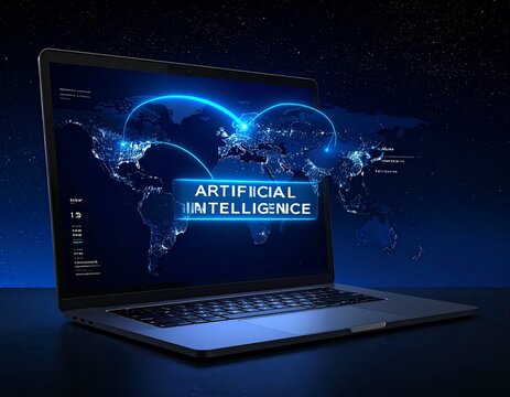 AI GLOBAL CONNECTIVITY LAPTOP MAP_A premium laptop angled at three-quarters on a dark 