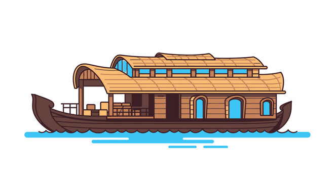 Vintage wooden houseboat vector illustration, traditional river boat with blue windows and canopy roof. Retro nautical watercraft clipart, flat design travel and tourism icon