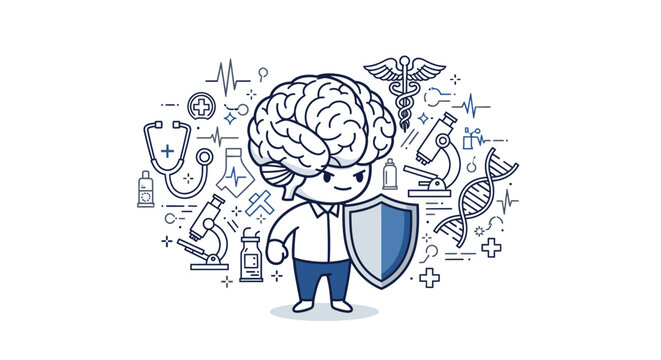 Doodle cybersecurity vector illustration, shield and brain hacker defense icon in blue line art. Hand drawn internet security concept for data protection, privacy, safe network