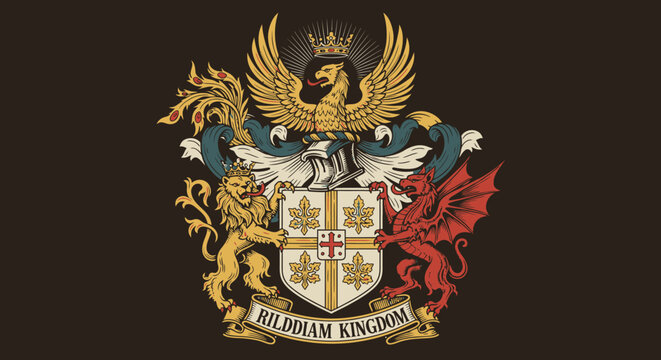 Heraldic coat of arms crest illustration, medieval fantasy emblem with crown helmet and lion supporters. Gold red blue detailed royal shield vector for badge, logo, tattoo