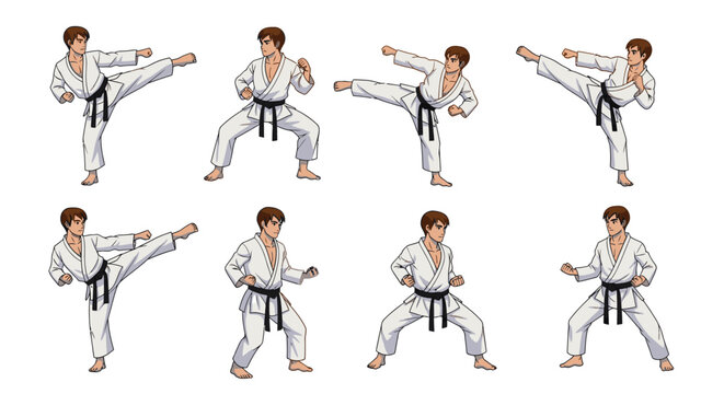Karate athlete kicking poses vector, martial arts fighter in white gi and black belt illustration, dynamic combat training stances for sport, dojo, self defense