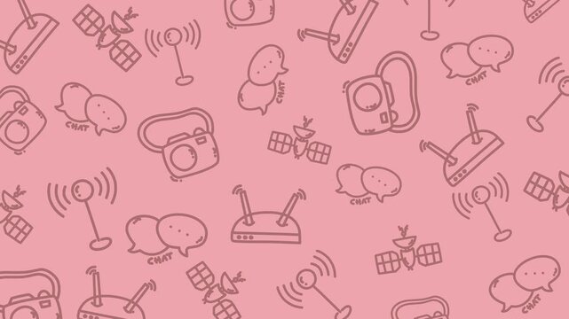 Seamless looping communication and technology background with doodle icons like chat bubbles, satellite, wifi, router and camera. Perfect for telecom, social media and digital content.