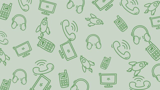 Seamless looping animation with communication doodles like phone, headset, rocket, and devices on soft green background. Ideal for tech, startup, and digital content.