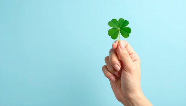 Hand holding a green four-leaf clover as a symbol of luck and fortune on a light blue background