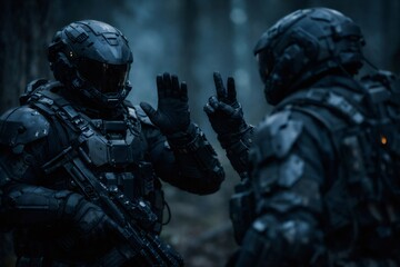 Obraz premium Two futuristic soldiers wearing black tactical armor and helmets communicating in a dark forest environment, showing teamwork and strategic operations