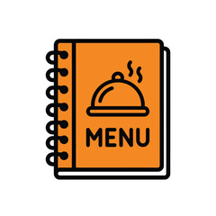 Fototapeta premium A menu book with a steaming hot dish cover on its orange cover page.