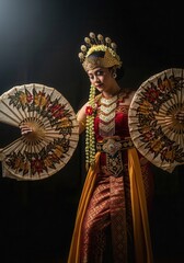 Obraz premium Traditional dancer poses with ornate golden jewelry and hand fans against a dark background.