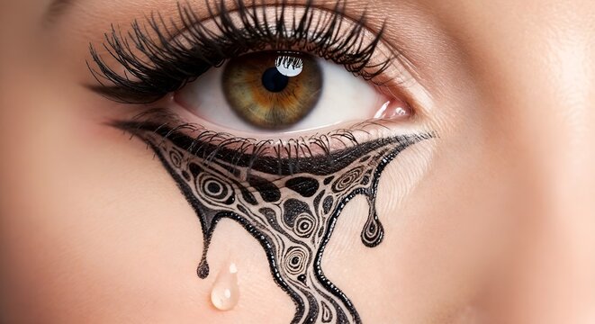 Close-up eye with artistic dripping makeup design.
