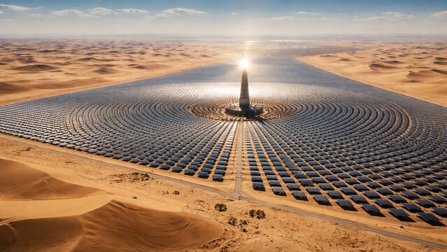 Concentrated Solar Power Plant with Central Tower in Desert at Sunset