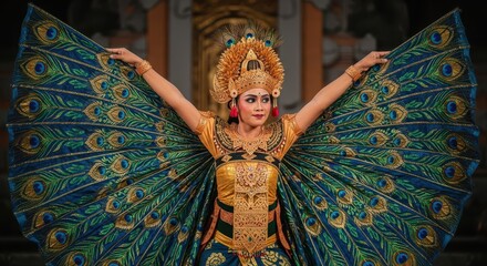 Obraz premium Traditional performer in a peacock costume poses gracefully during a cultural dance performance.