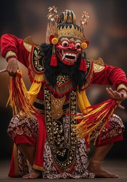 Traditional performer in an elaborate red mask and ornate costume poses in a dramatic stance.