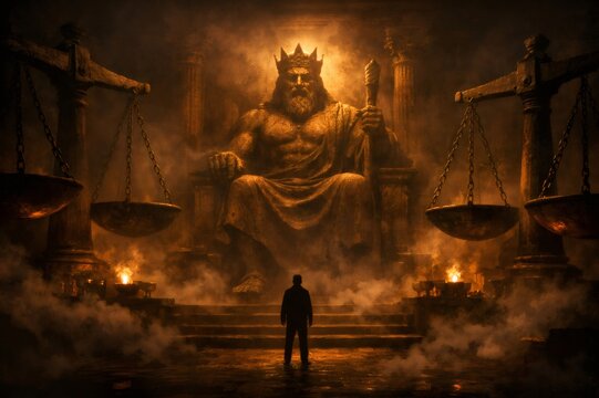 Man stands at the base of a grand staircase, looking up at a massive, crowned king statue holding a scepter, flanked by imposing scales of justice in a smoke filled, ancient hall