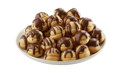 Fototapeta premium Pile of delicious cream puffs with chocolate glaze served on a plate isolated on white background