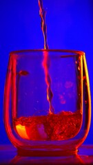 A vibrant red liquid is being poured into a glass against a striking blue background. Concept of refreshment, beverage advertising, modern design, and artistic photography. © kinomaster