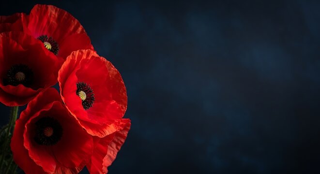 Dramatic red poppy flowers on dark blue background, vibrant blooming poppies with copy space, moody floral still life for remembrance and mourning
