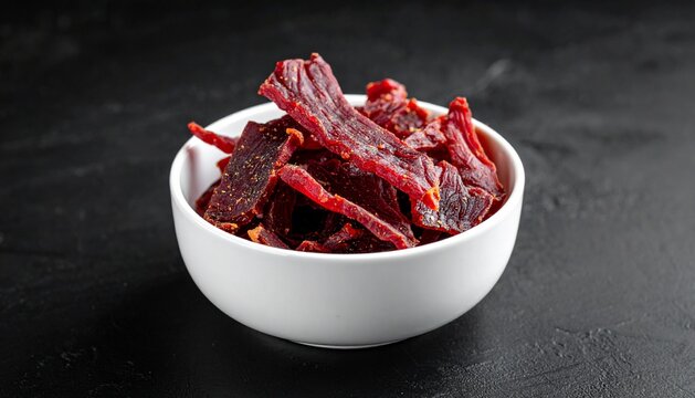 Beef Jerky Strips in a White Bowl on a Dark Background