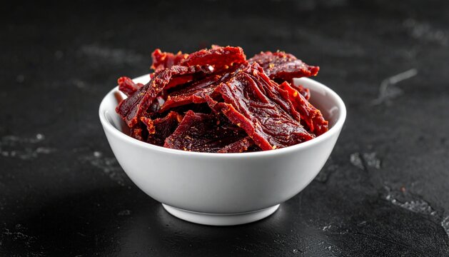 Delicious Spicy Beef Jerky Pieces in a White Bowl on Dark Background