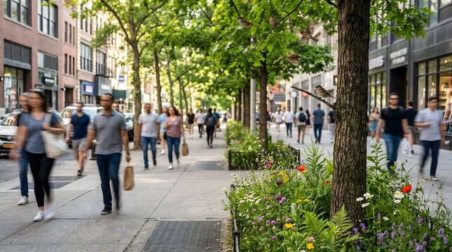 City sidewalk with trees, flowers and pedestrians, Earth Day