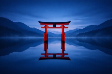 Naklejka premium Traditional Japanese Torii gate creating a perfect reflection on the calm lake surface, with misty blue mountains in the background, capturing a peaceful and spiritual landscape