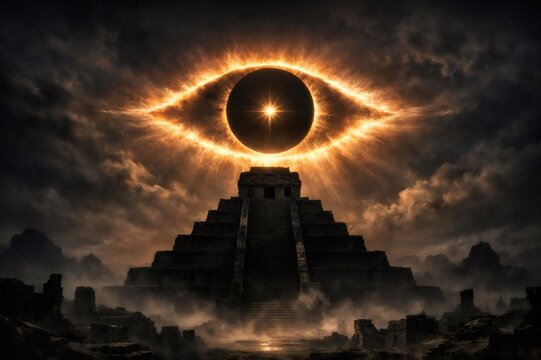 Ancient pyramid centered beneath a dark celestial eye with a glowing fiery corona, casting mystical light over desolate ruins and an ominous, prophetic landscape