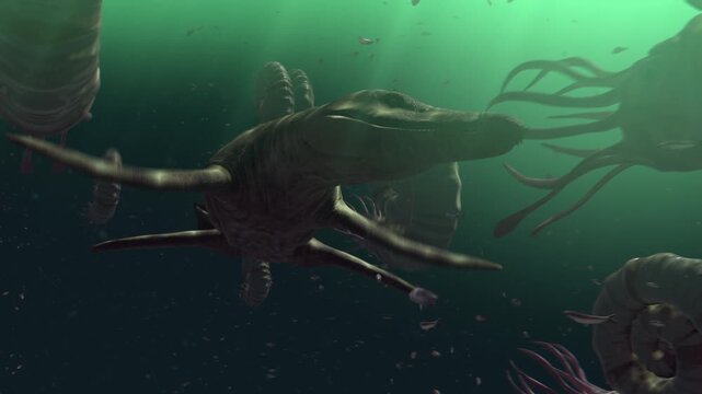 4K 12-second underwater 3d animation of a Kronosaurus swimming among giant ammonites in a prehistoric sea. Detailed reconstruction of ancient marine life and underwater atmosphere