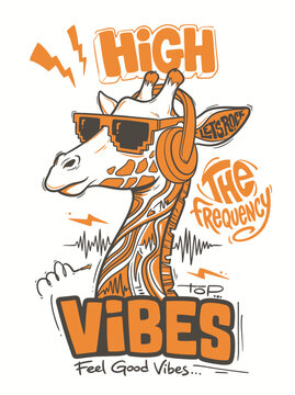 Giraffe wearing headphones and sunglasses.