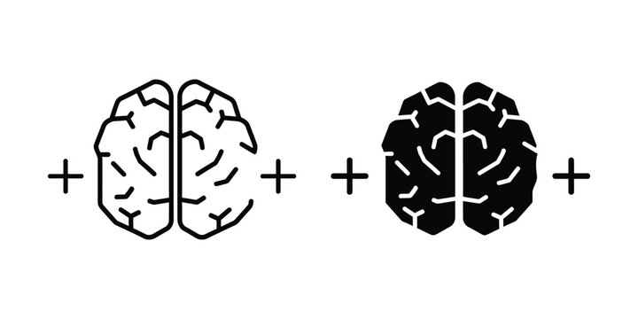 Combined illustration of two contrasting brain hemisphere designs with plus symbols