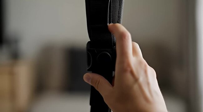 Professional camera strap adjustment, close up of hand tightening black nylon shoulder strap, photography gear equipment setup in home studio