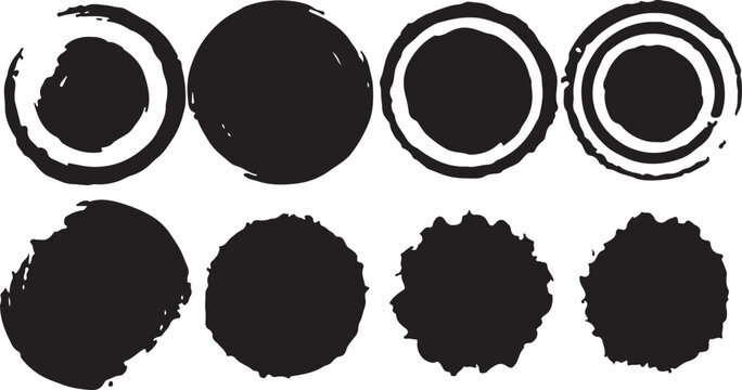 Japanese enso rings zen circle brush strokes vector set. Minimalist black ink handdrawn style oriental aesthetic elements. Grungy dry brush paint texture round frames