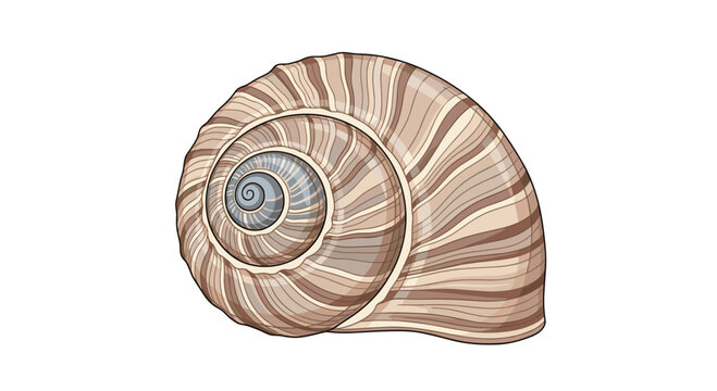 Detailed illustration of a spiral land snail shell with brown and tan stripes and a blue center on a white background.