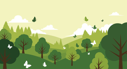 Naklejka premium Peaceful forest landscape illustration features layers of green trees and hills under a pale yellow sky with fluttering butterflies.