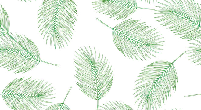 Seamless pattern features fine-line etched green palm leaves scattered across a white background for a tropical and organic look.