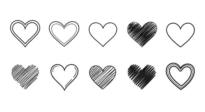 Collection of ten different heart shapes in black ink includes various styles like outlines, double lines, and scribbled textures on white.