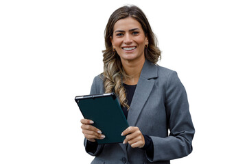 Fototapeta premium Businesswoman wearing suit holding tablet and smiling, representing corporate success, leadership, and digital professionalism