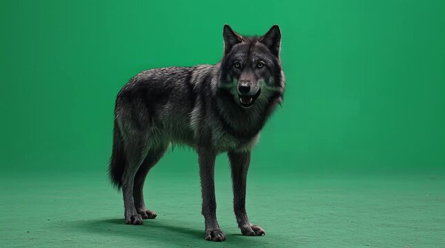 A lone wolf stands on a green screen background, captured in a professional studio setting with its fur detailed and sharp