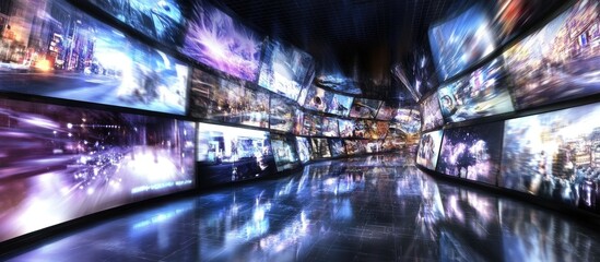 Obraz premium Futuristic Immersive Media Tunnel with Dynamic Blurry Screens and Reflective Floor