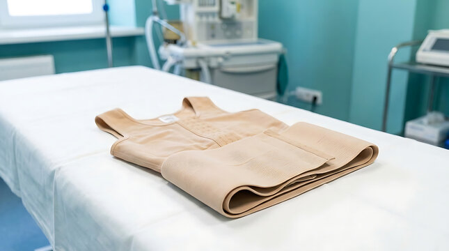 Beige post-surgery compression garment folded on a medical examination table near hospital equipment