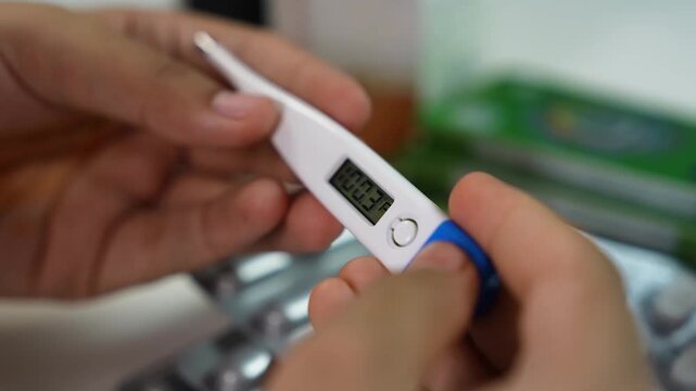 Close-up of hands holding a digital thermometer showing a fever reading, medical checkup concept with blurred background.