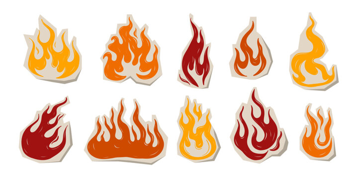 Hand drawn grunge fire flame doodle collection in cartoon style. Cutout paper scrapbook textured sketch. Isolated vector illustration.