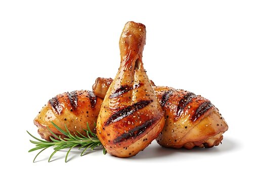 Grilled chicken legs with rosemary on white background