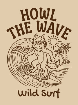 Cartoon wolf surfing on wave board.