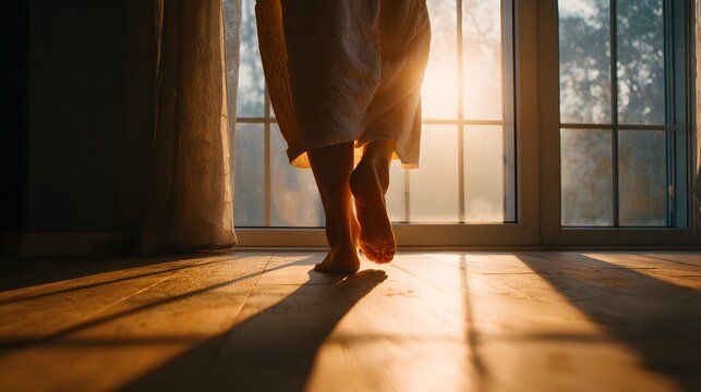 A person stepping outside into the morning glow, mindfully breathing in daylight, representing a circadian reset and renewal.