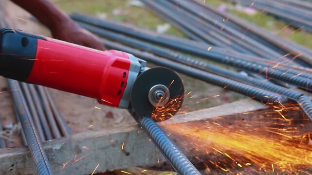 Construction Worker Cutting Steel Rod with Machine Creating Sparks Close Up