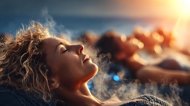 A serene sound healing session at thermal hot springs at dusk with a group lying in a circle, enveloped in warm glow and steam.