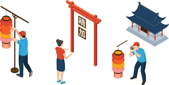 Isometric illustration of traditional Asian cultural scene with lanterns and temple