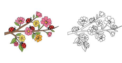 Ladybugs on flowering spring branch with pink and yellow blossoms colored and outline coloring page vector illustration for kids © MdAbdul