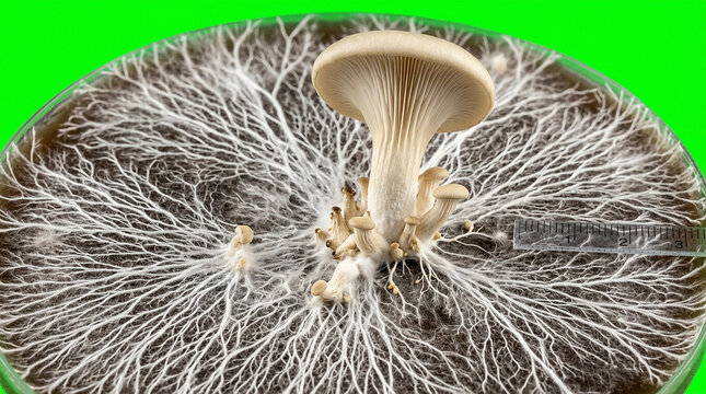 A close-up view of a mushroom with white mycelium on a green background