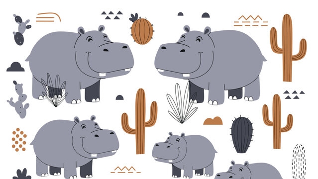 Playful seamless pattern featuring cute grey hippos among various cacti and abstract geometric shapes in a desert theme.
