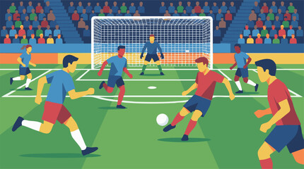 Dynamic illustration of a soccer match with players and spectators in stadium © Pixelply