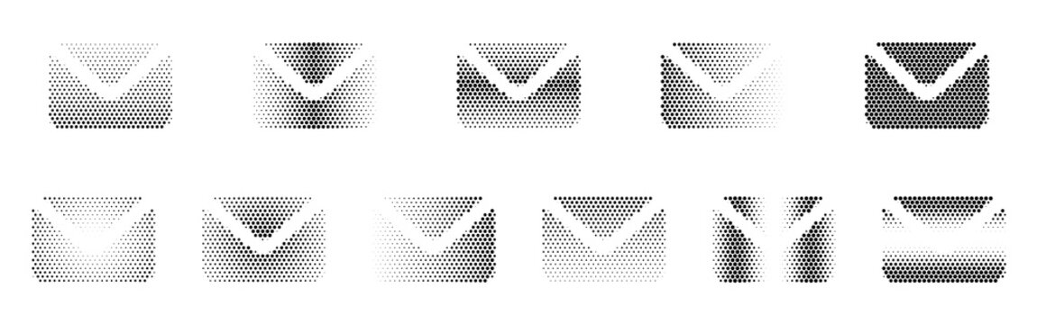 Envelope Halftone Icon Collection &ndash; Envelope Dotted Circles Halftones Geometric Dots Gradient &ndash; Dot Spray Gradient Vector Set &ndash; Envelope Illustration Halftone Gradient